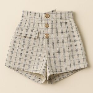 Plaid High-Waisted Shorts with Button Detail